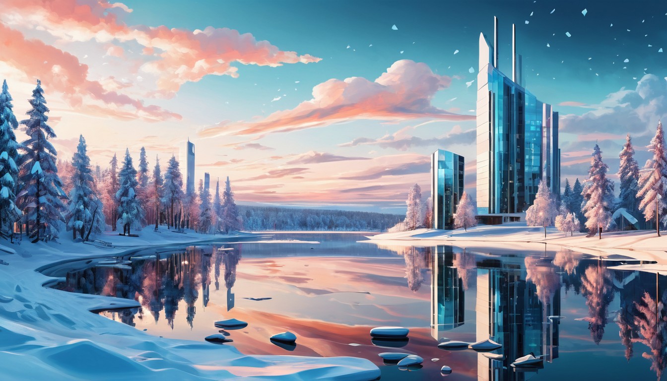 Futuristic Winter Cityscape over Lake. Stable Diffusion Online