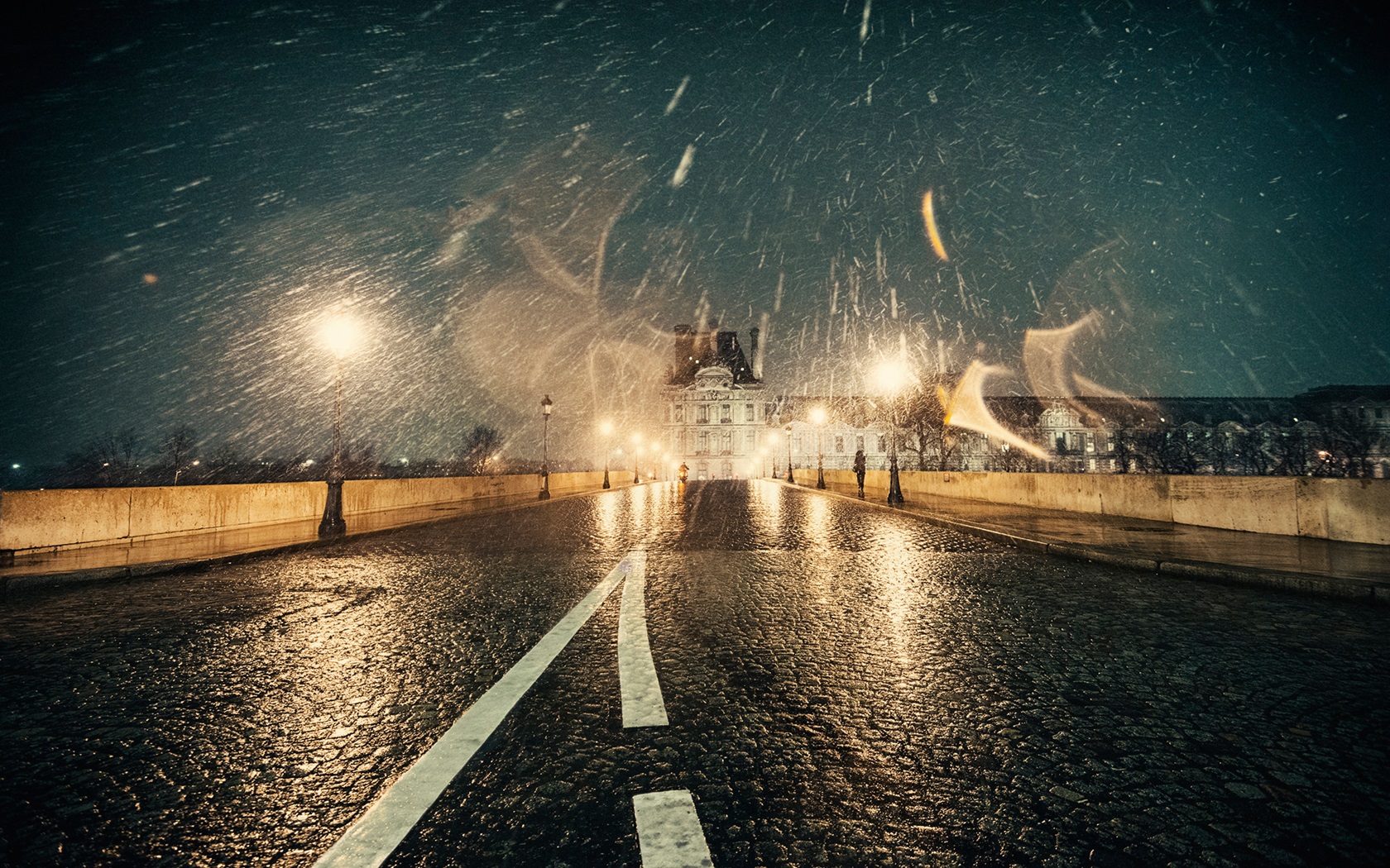 Wallpaper France, Paris, winter, snow, night, road, lights, wet 1920x1200 Picture, Image