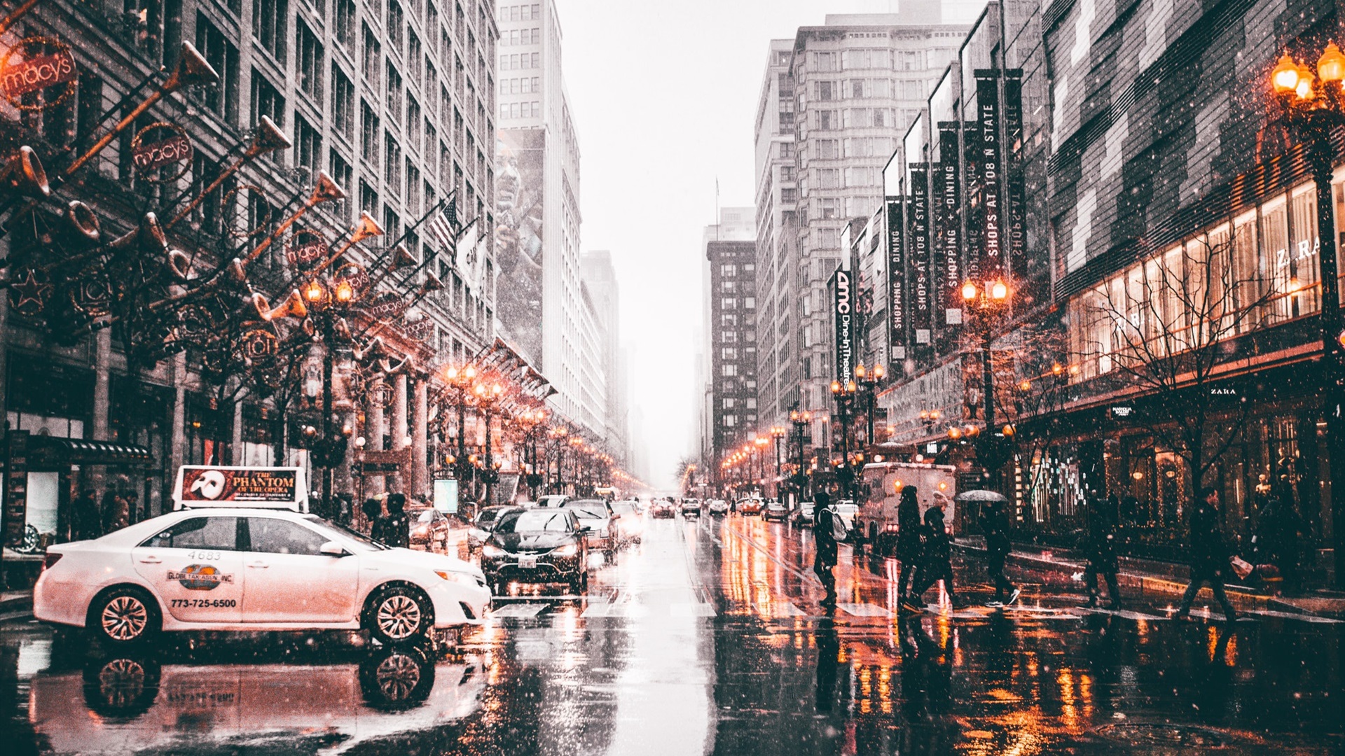Wallpaper Chicago, USA, city, street, snowy, wet road, cars, winter, lights, dusk 1920x1200 Picture, Image