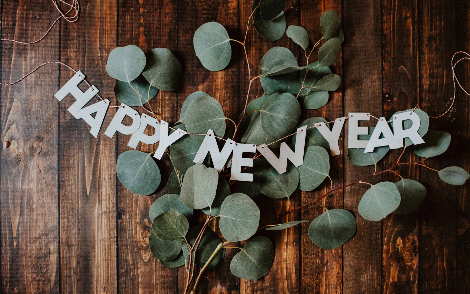 Happy New Year Wallpaper 4K, Banner, Leaves, Wooden background