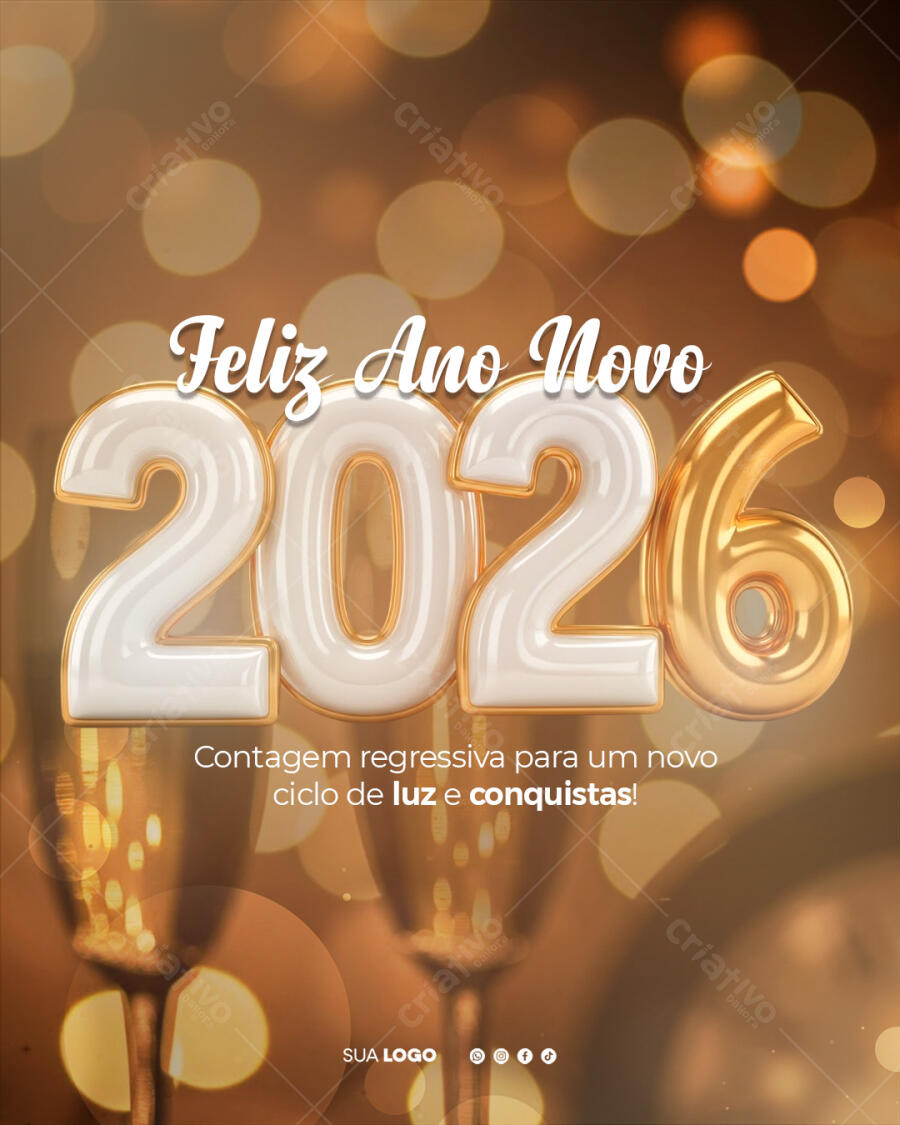 Editable PSD Social Media Post Golden Glasses Bokeh for Happy New Year 2026. PSD Premium [download]