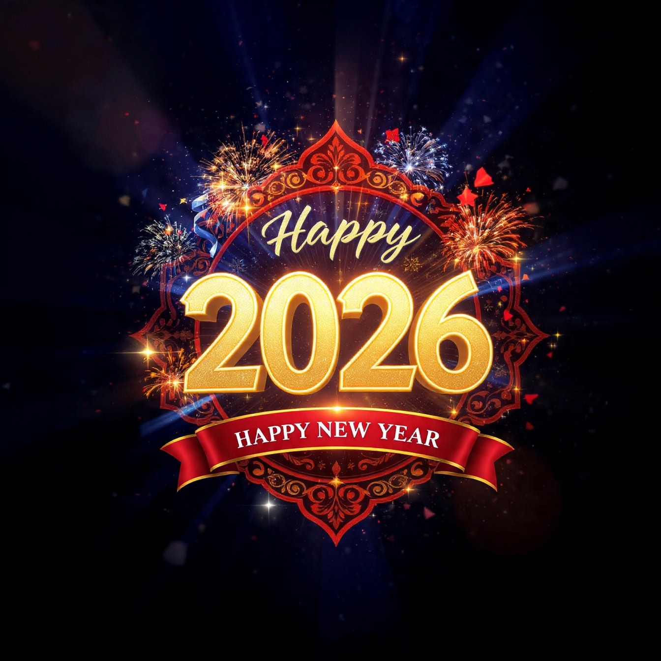 Imagem gratuita: Feliz ano novo de 2026 com letras com fogos de artifício e fundo escuro