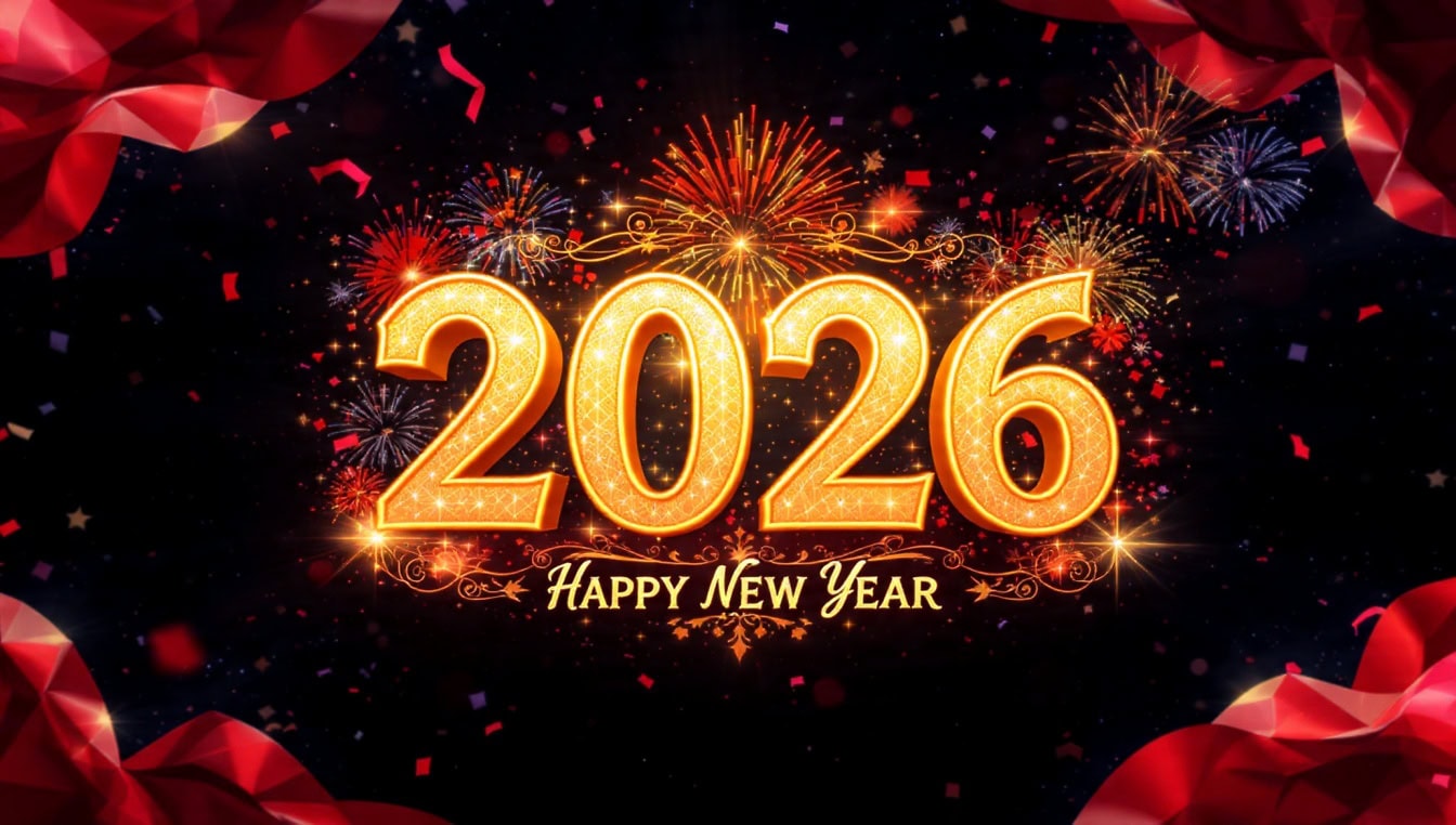 Free picture: Happy New Year 2026, free design with sparkling fireworks and golden numbers and text