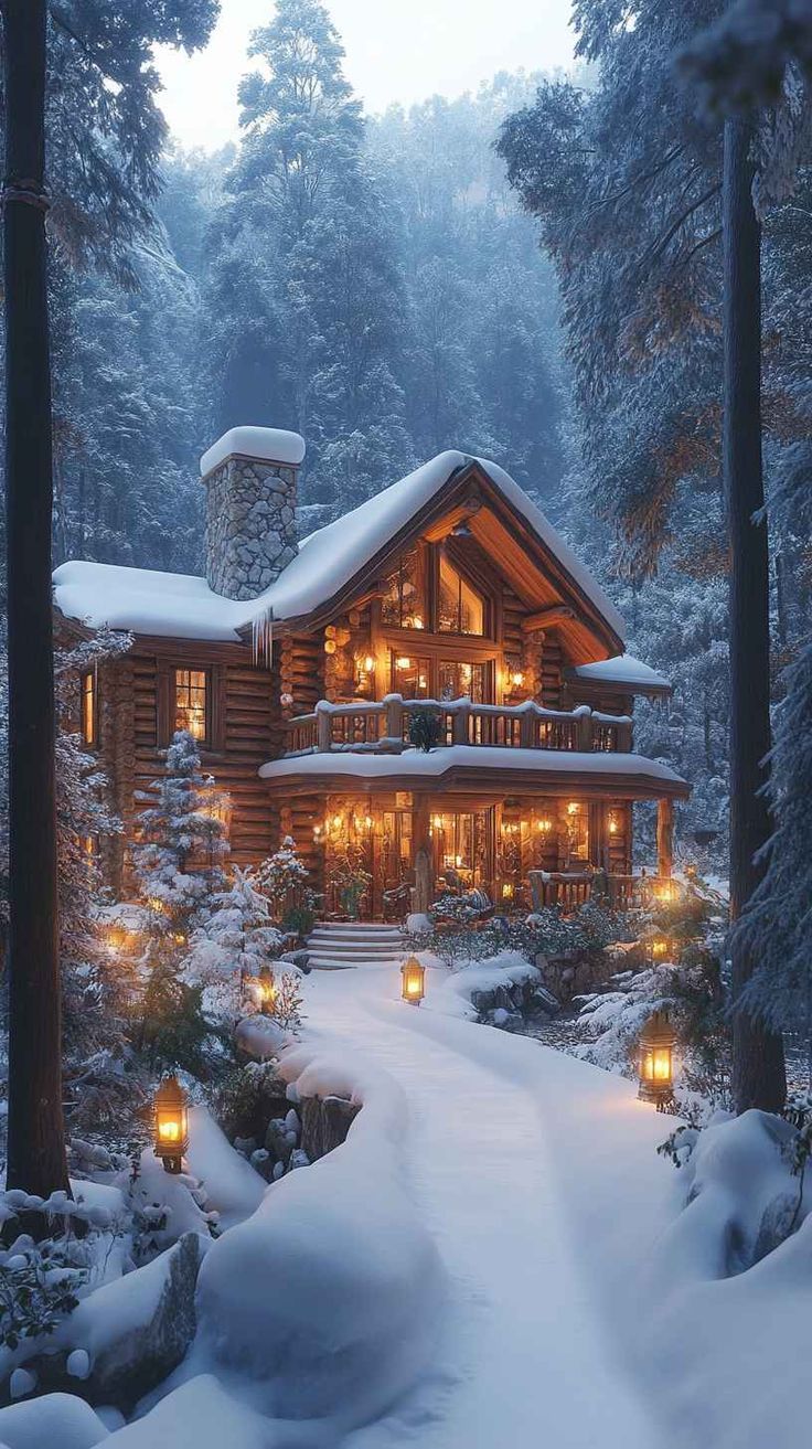 8K Winter Cabin Mobile Wallpaper: Cozy Log Home in Snowy Forest