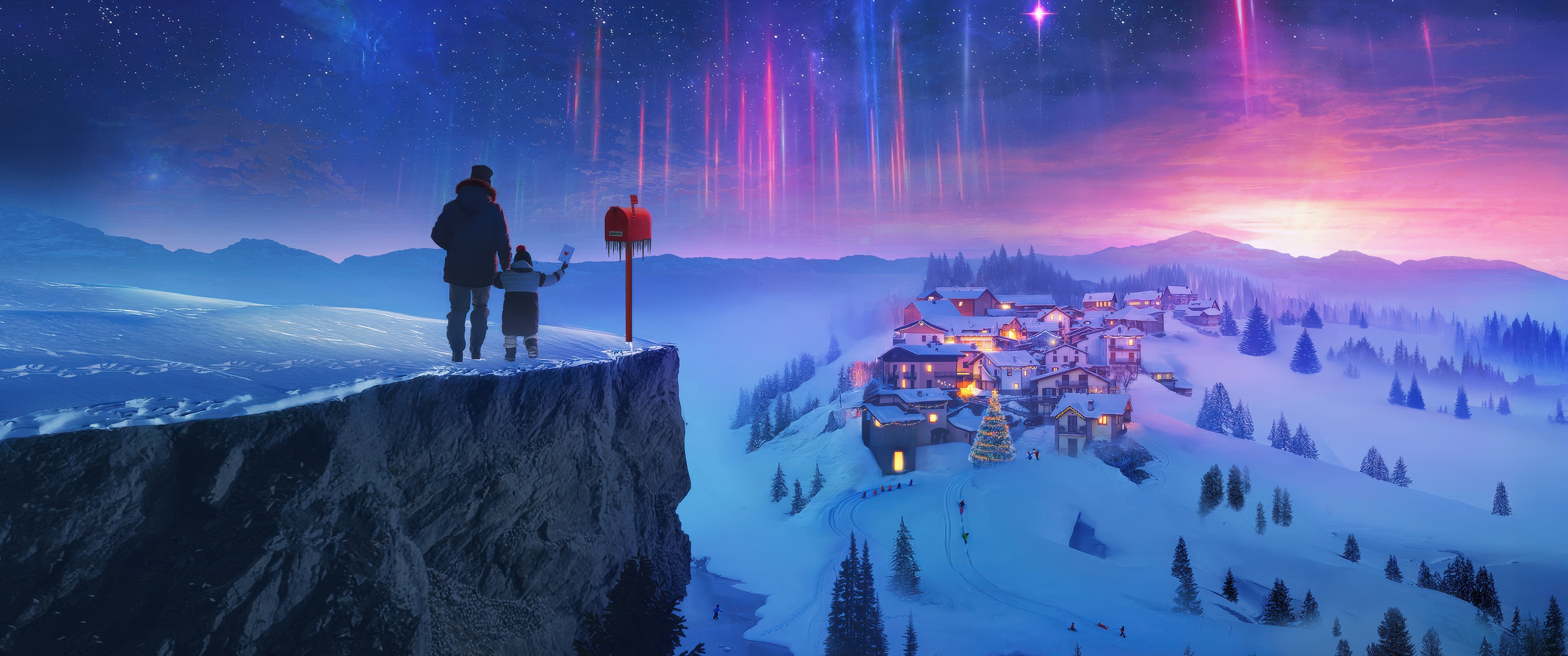 Snowy village Wallpaper 4K, Winter, Aurora sky, Night sky