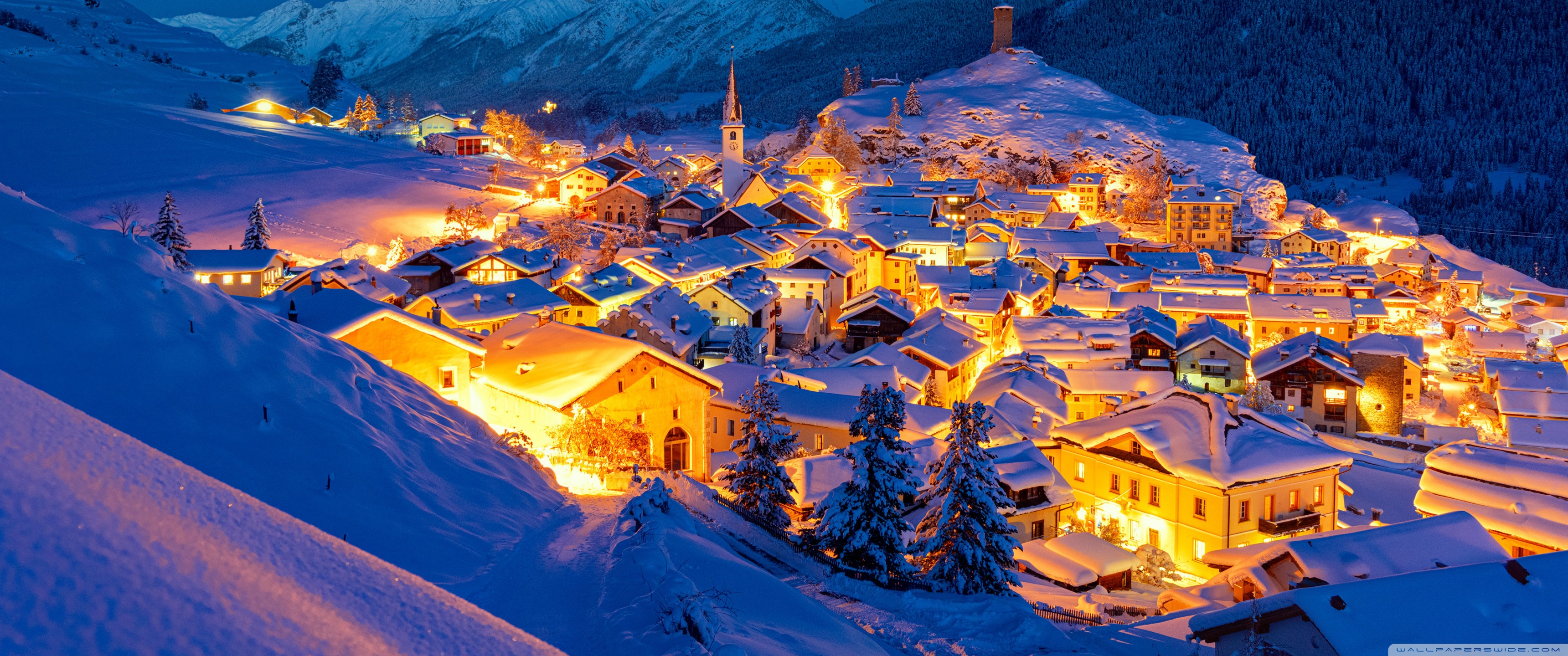 Winter, Snowy Mountain Town, Evening, Golden Lights 4K UHD Wallpaper for UltraHD Desktop and TV, Widescreen and UltraWide Display, Smartphone and Tablet Devices