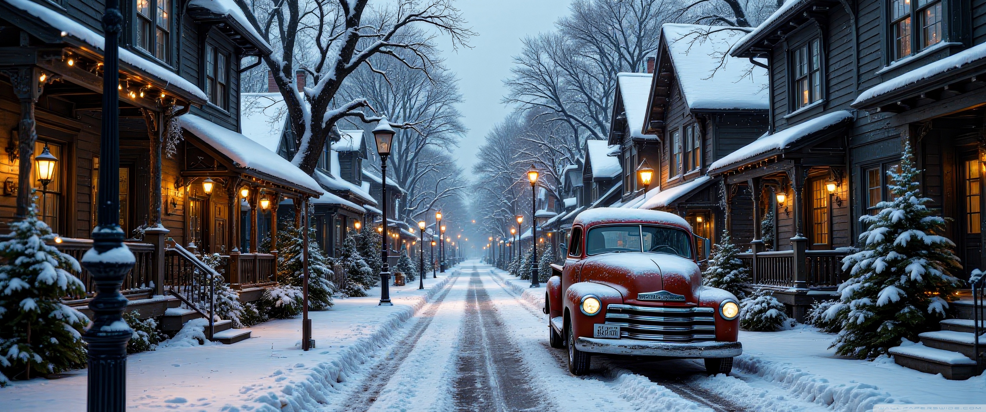 Nostalgic Winter Scene in a Village Street 4K UHD Wallpaper for UltraHD Desktop and TV, Widescreen and UltraWide Display, Smartphone and Tablet Devices