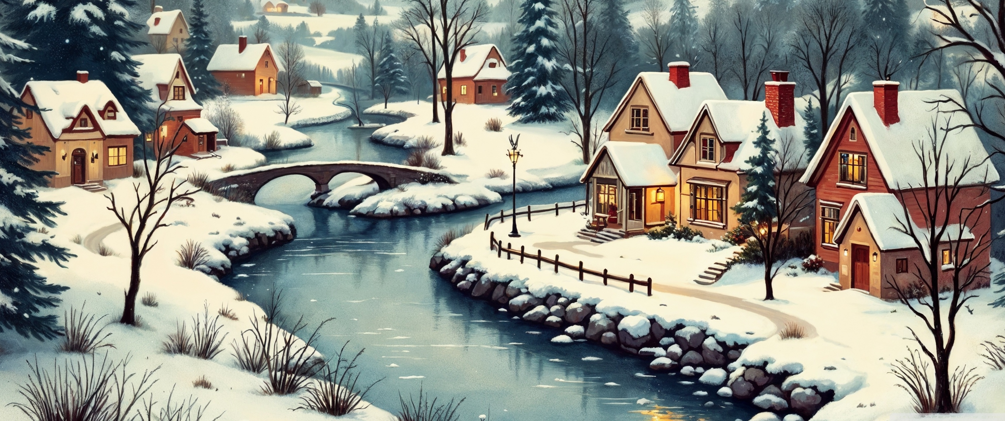 Nostalgic Winter Landscape with Snow Covered Houses 4K UHD Wallpaper for UltraHD Desktop and TV, Widescreen and UltraWide Display, Dual Monitor, Smartphone and Tablet Devices