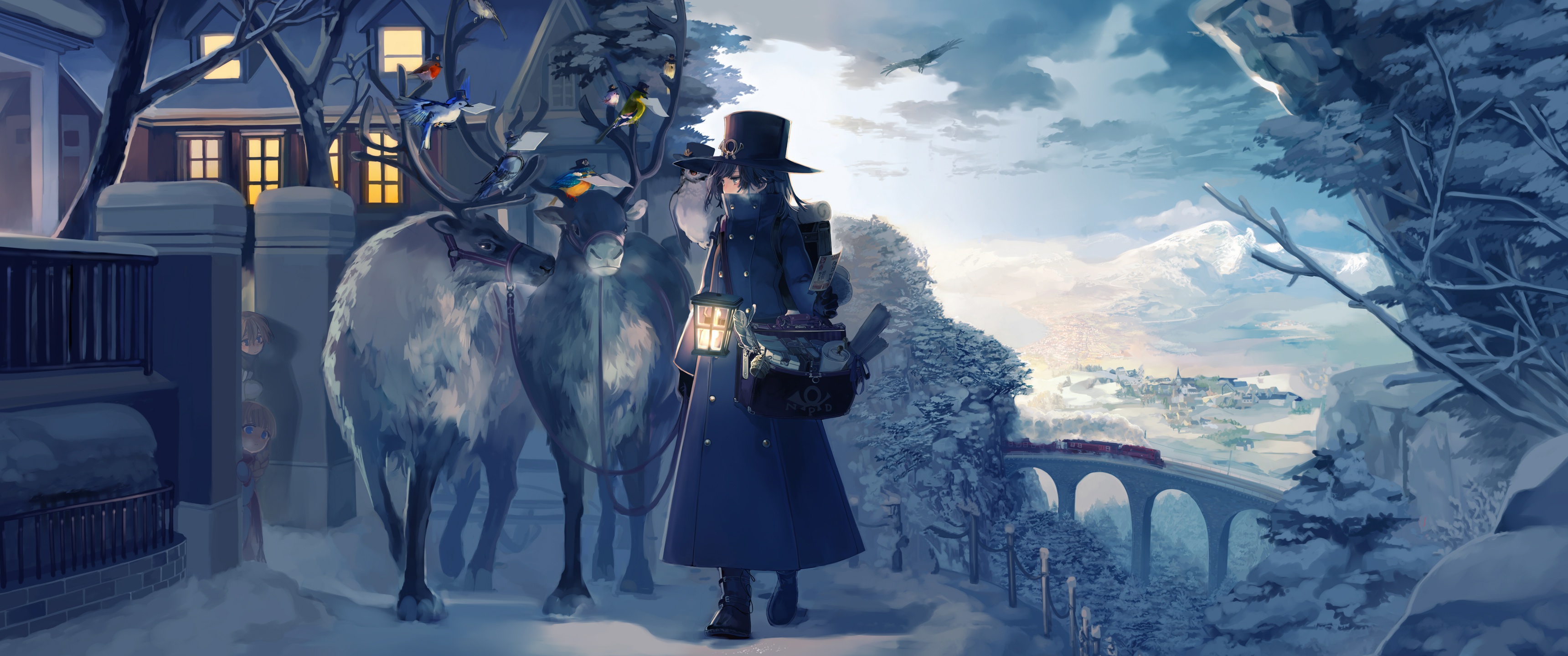 Winter Wonderland Lantern and Reindeer HD Anime Wallpaper