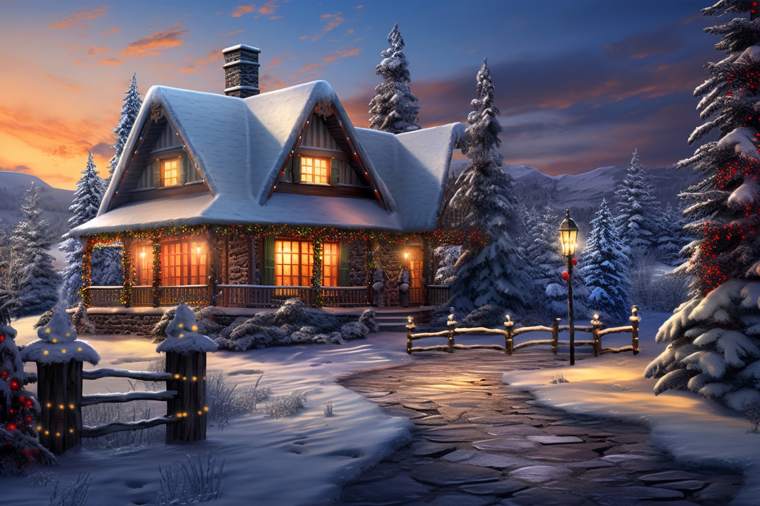 Cozy Winter Cabin Frosty Mountain Scene Backdrop BRP9 239