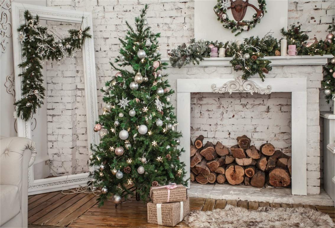 Amazon.com, Leyiyi 10x8ft Merry Christmas Room Backdrop Xmas Tree Pine Branch Wreath Rustic Fireplace Brick Wall Wood Piles Sofa Carpet Photography Background Happy New Year Photo Studio Prop Vinyl Wallpaper