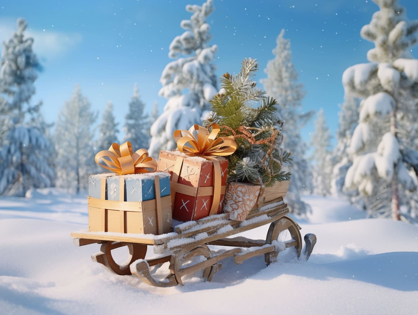 Free picture: Rustic wooden sleigh with gifts, a greeting post card for Merry Christmas and Happy New Year