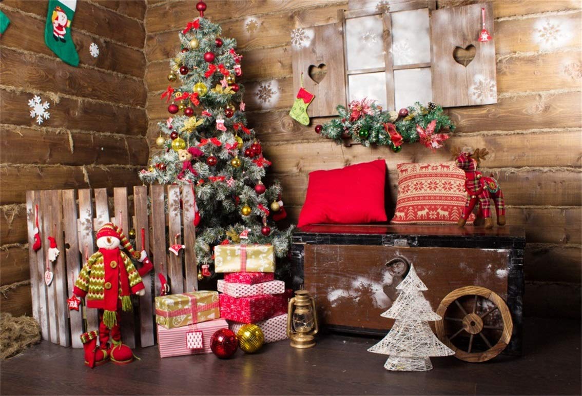 Amazon.com, Leyiyi 7x5ft Merry Christmas Room Decor Backdrop Rustic Wooden Cottage Reindeer Xmas Tree Snowflake Socks Pine Branch Photography Background Happy New Year Portrait Shoot Studio Prop Vinyl Wallpaper