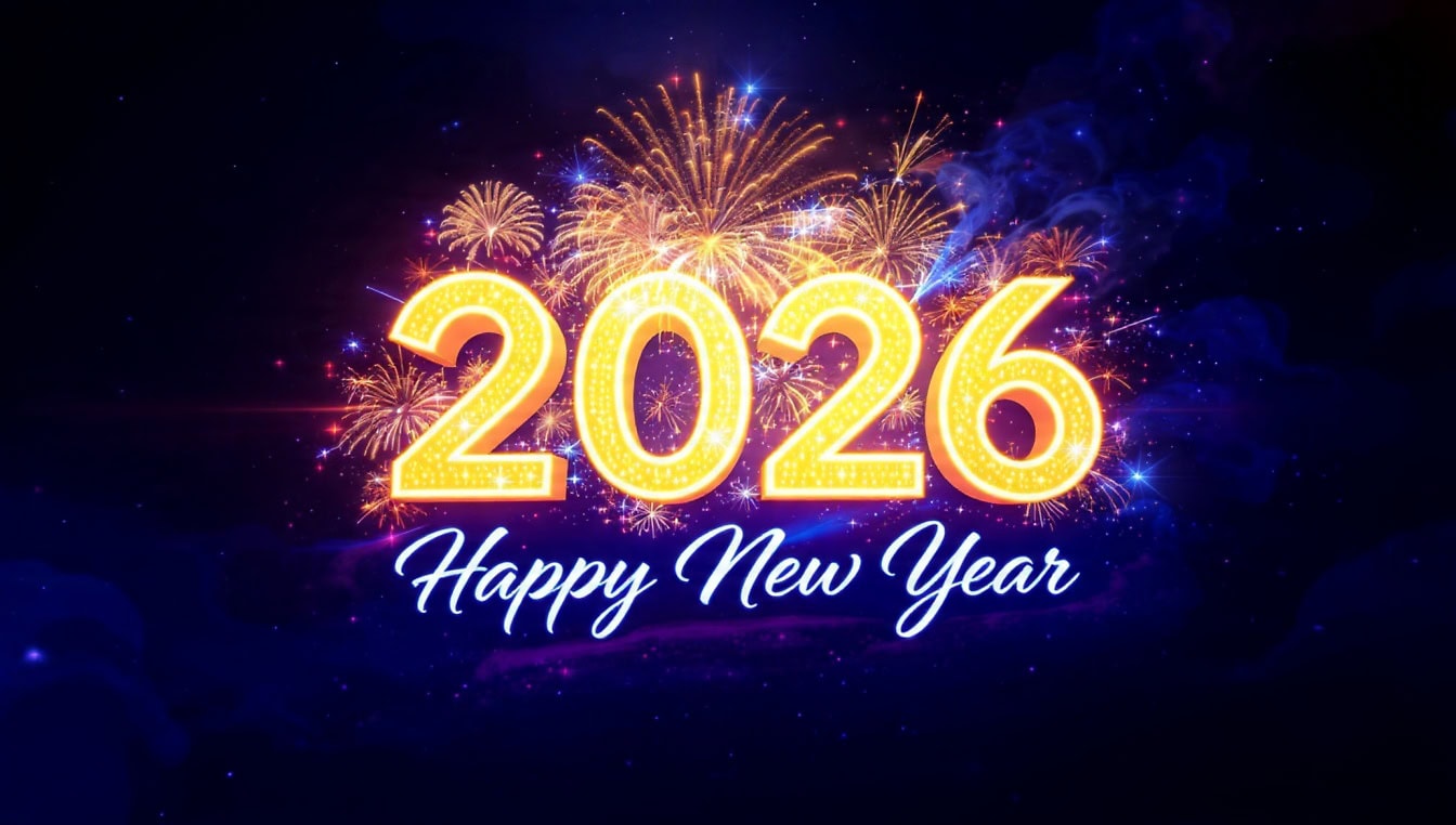 Free picture: A golden shiny number 2026 with text Happy New Year and fireworks and dark background