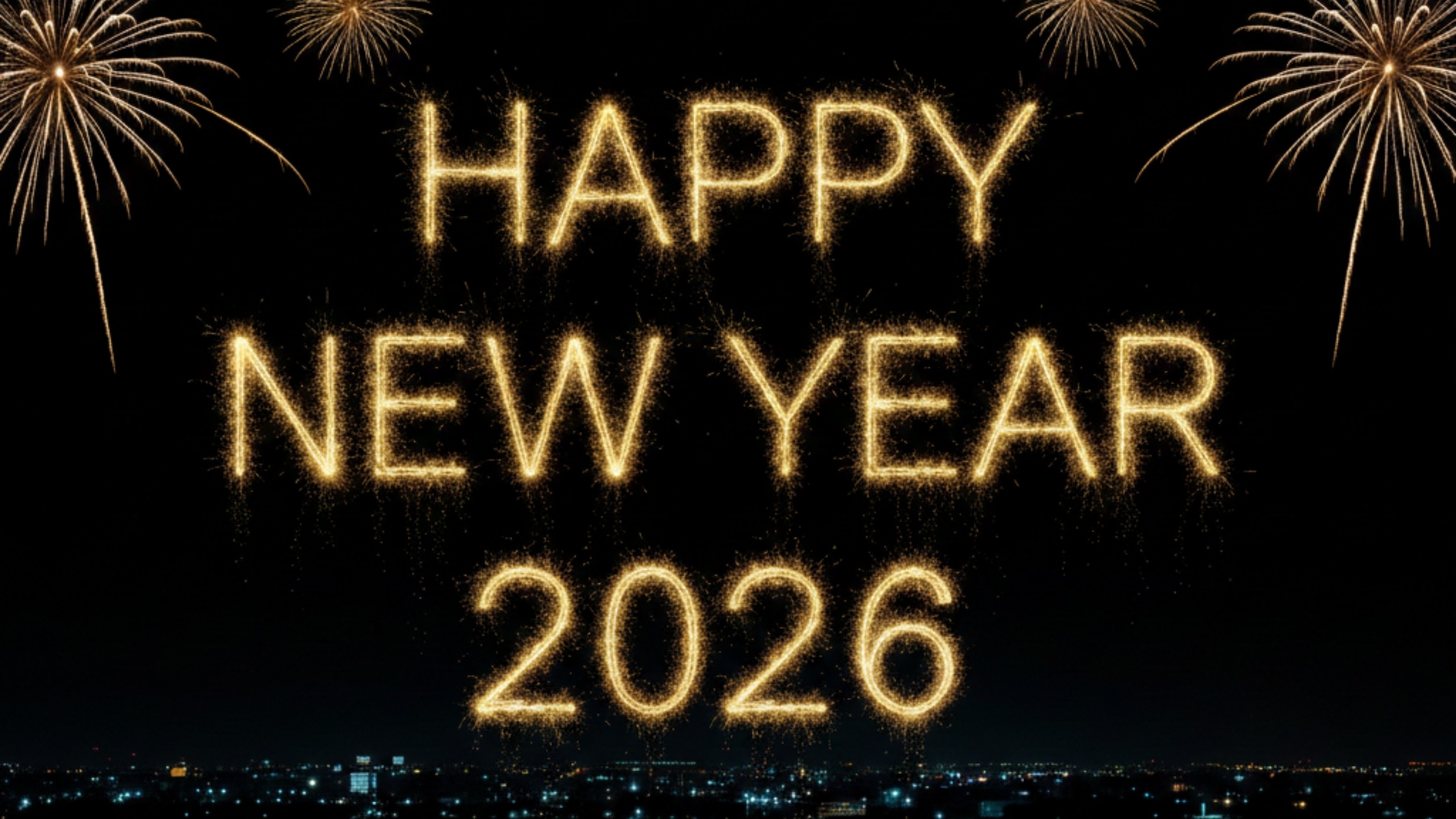 Happy New Year 2026 typography made of golden fireworks dark night sky HD new year Wallpaper