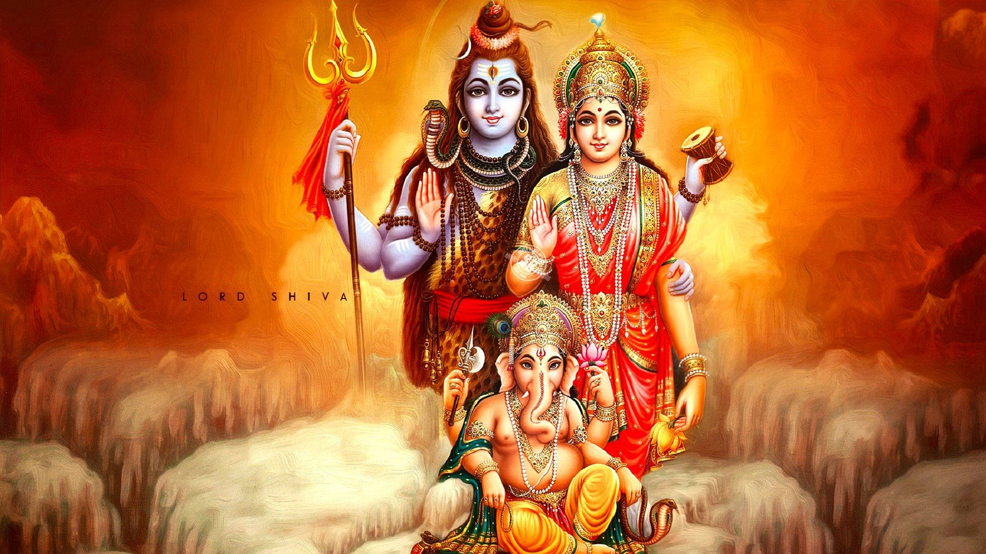 Download Shiva Parvati Ganesha Red And Orange Backdrop Wallpaper