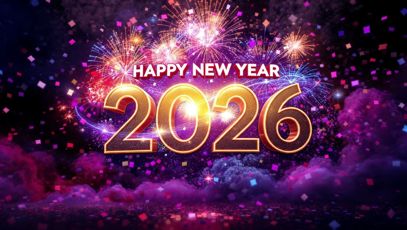 Free Picture: Happy New Year 2026 Postcard, A Golden Purple Festive Background With Fireworks