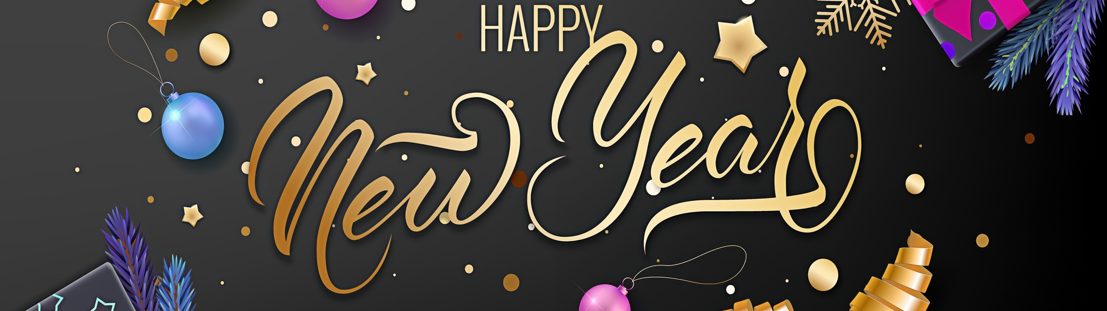 Happy New Year Wallpaper 4K, Confetti, Black and gold