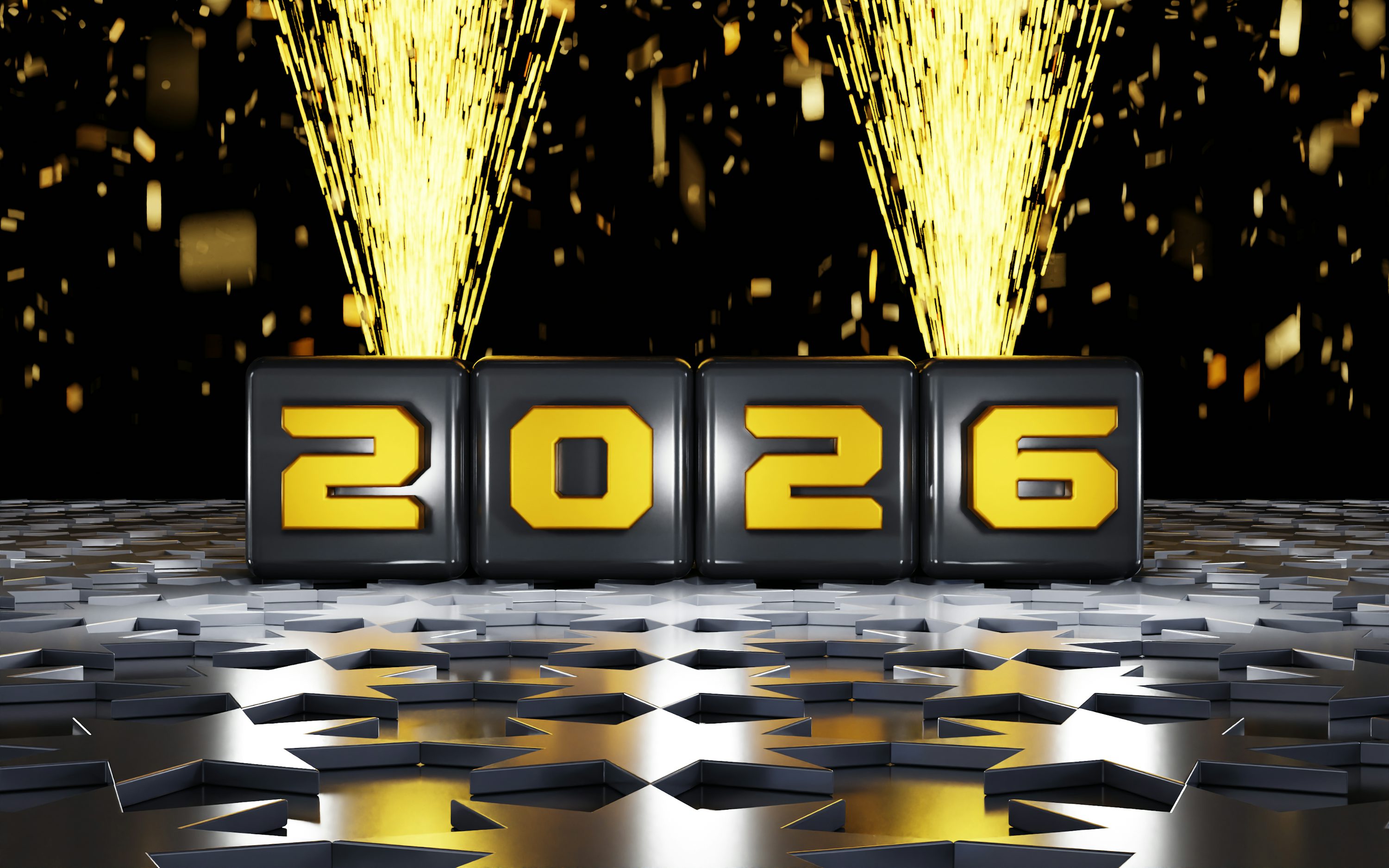 The year 2026 displayed on cubes with fireworks. photo