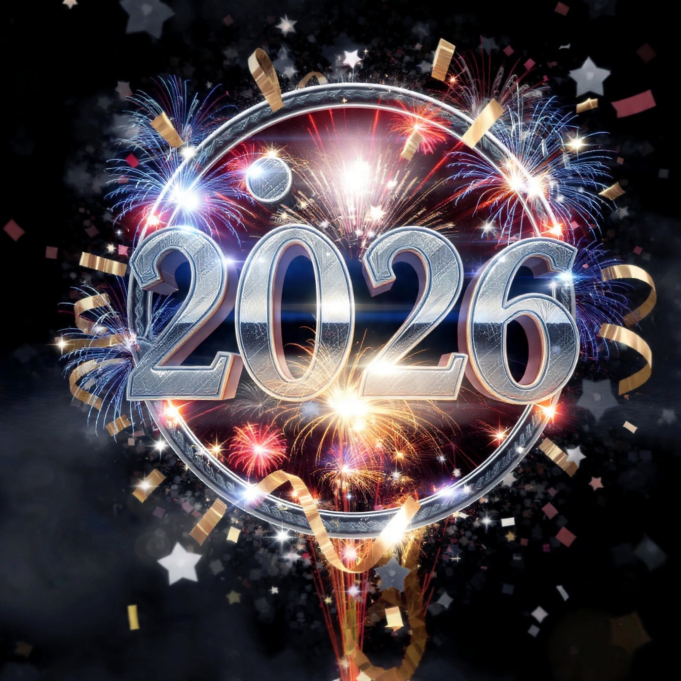 Free picture: 2026 number inside circle, a celebration background for New Year with fireworks and confetti