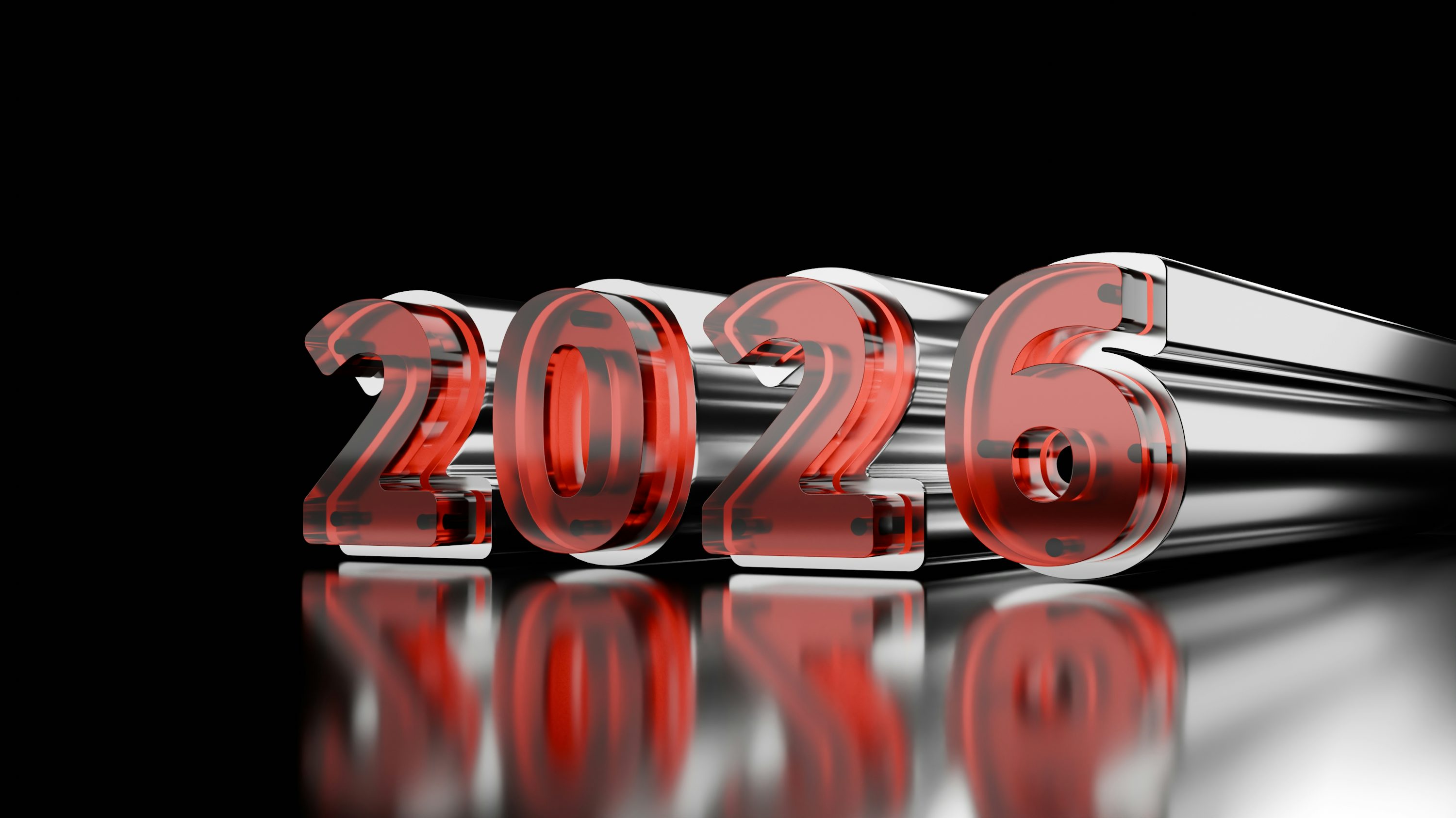 Metallic 2026 numbers with red accents on black photo