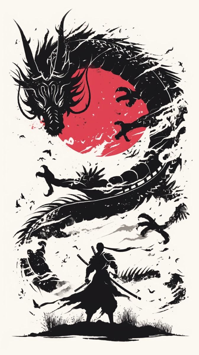 Samurai with Dragon Background Tattoo Art