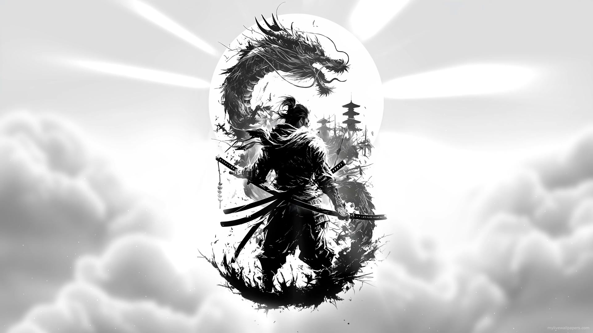 Samurai's Dragon Spirit Awakening in Monochrome Glory