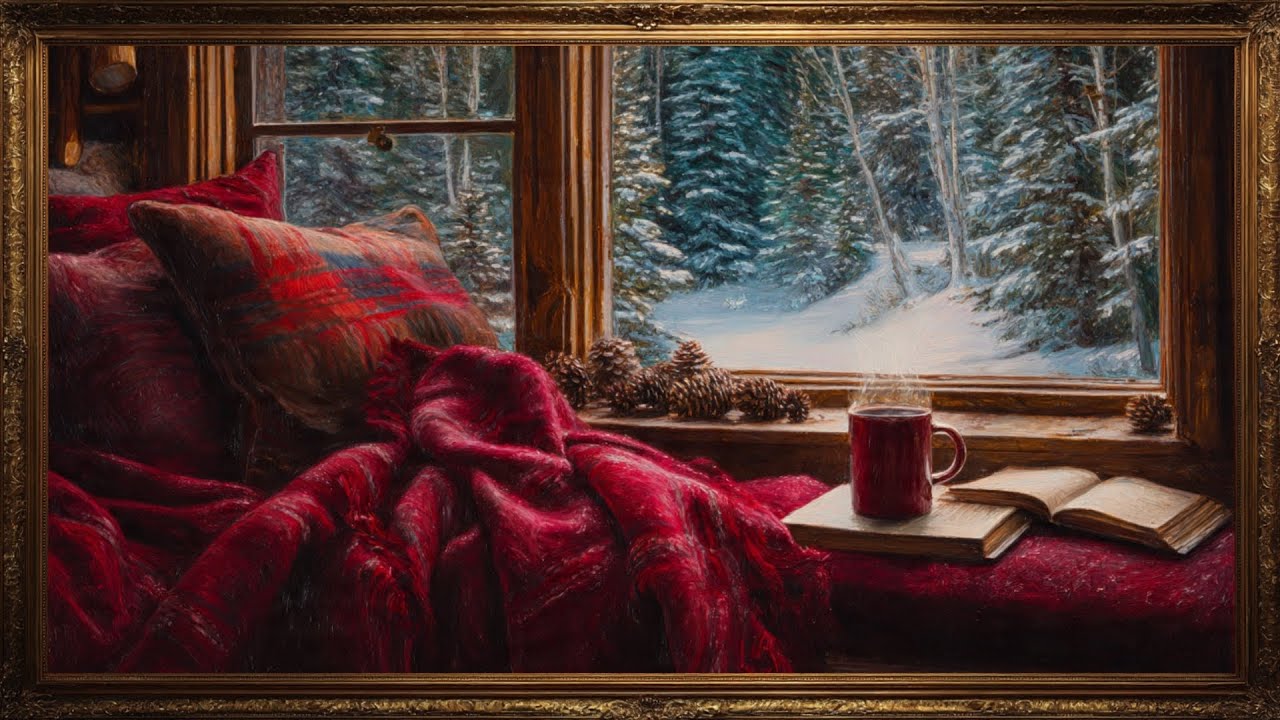 4K Christmas Art For TV: Cozy Reading Nook With Snowy View Hour Screensaver