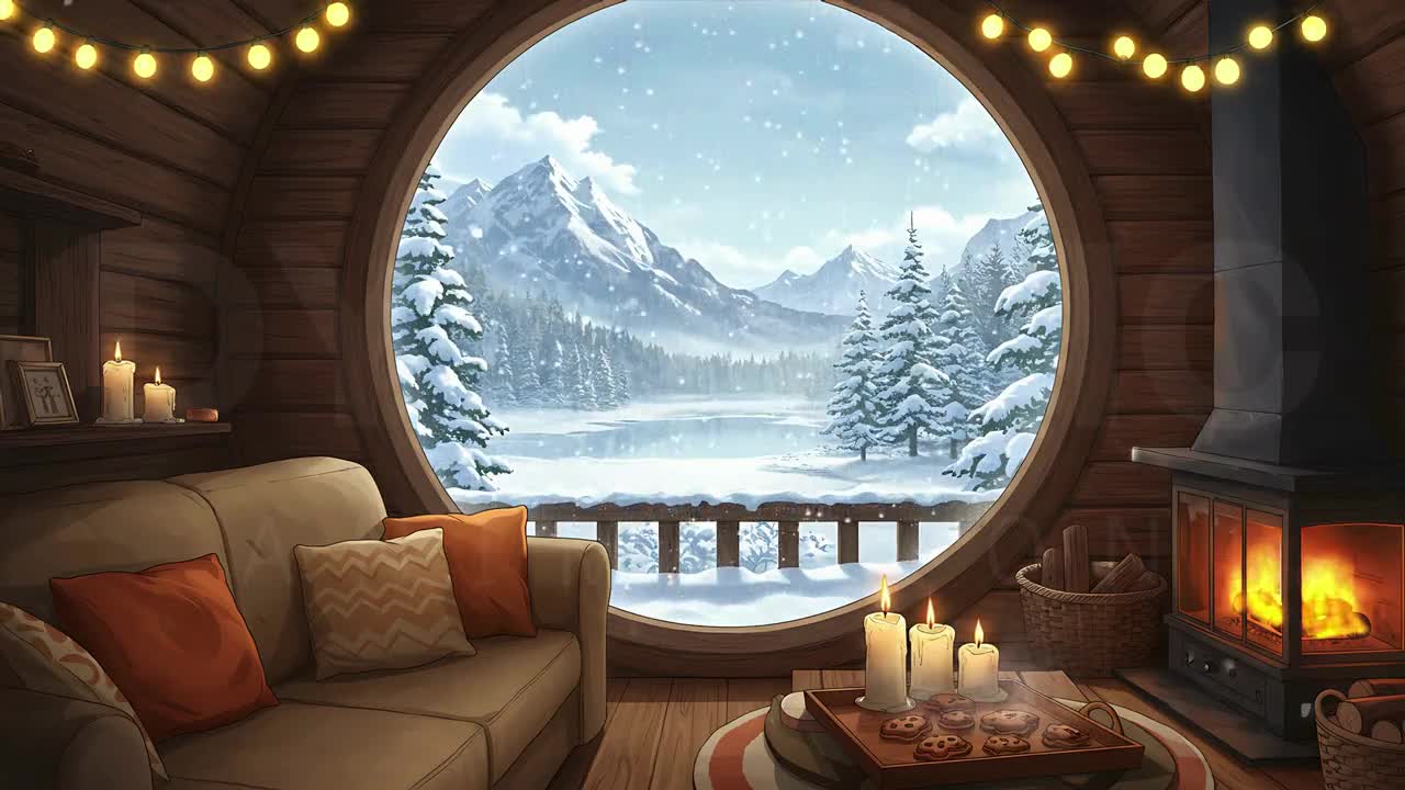 Animated Background. Cozy Winter Cabin View. Snowy Mountains & Warm Fireplace. Round Window. MP4 Digital Download for Streaming