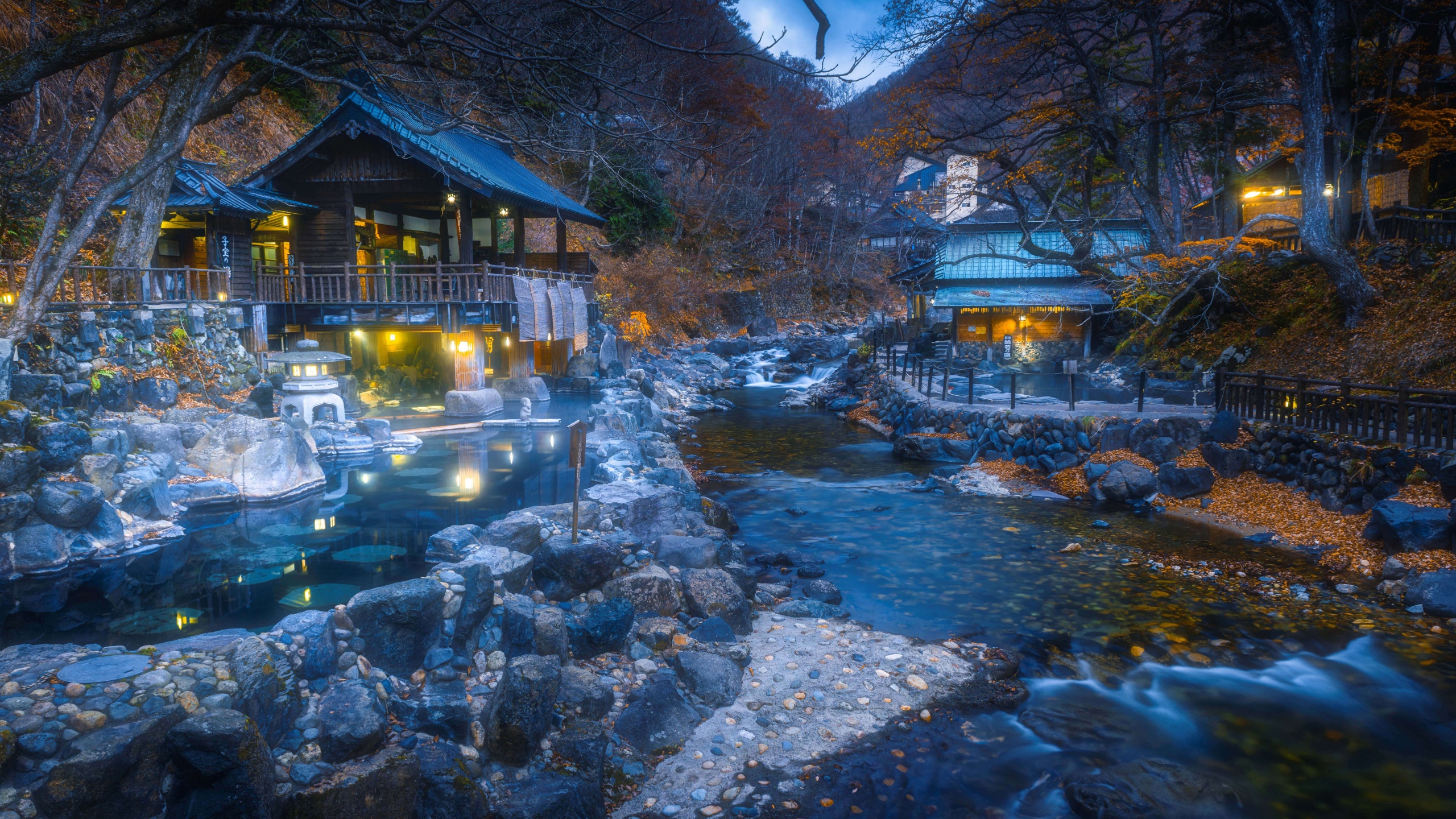 Hot Spring Wallpaper 4K, Autumn, Dusk, Illuminated