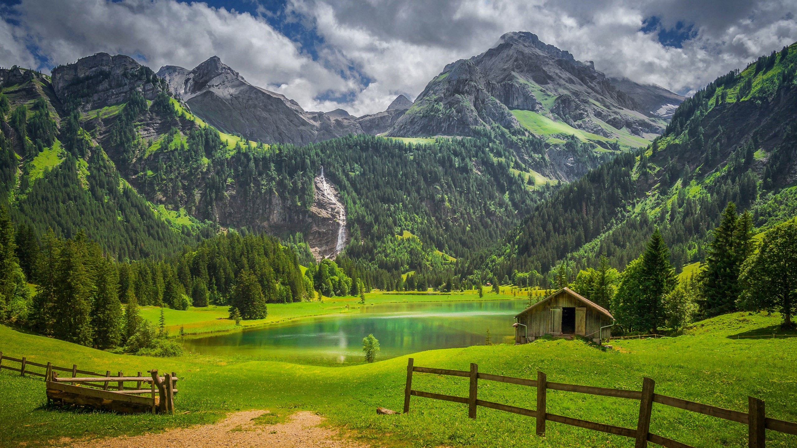 Alps Fence Forest Lake Switzerland Waterfall 4K HD Nature Wallpaper