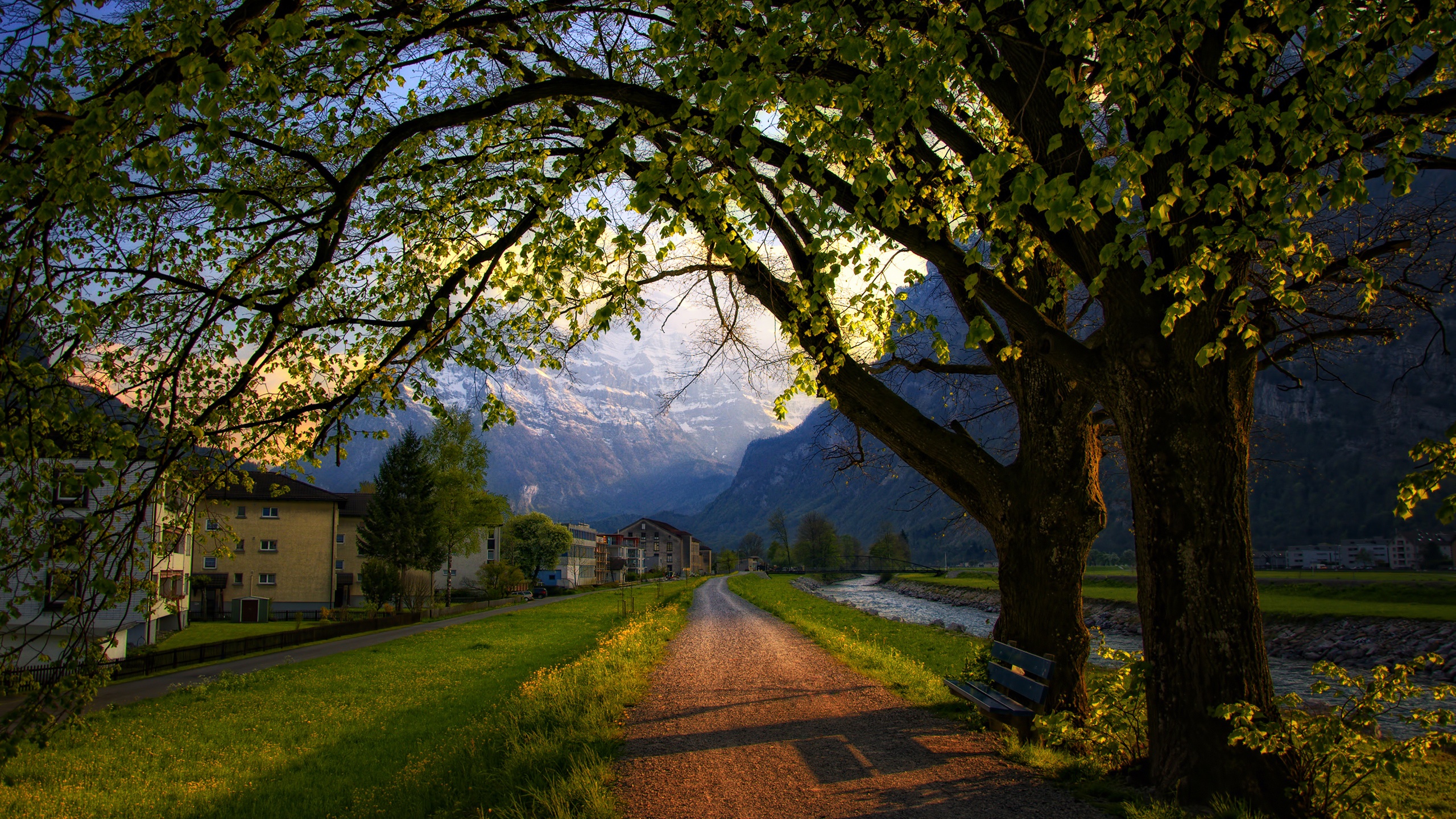 Wallpaper Switzerland, town, spring, trees, road, bench, houses, mountains 2560x1600 Picture, Image