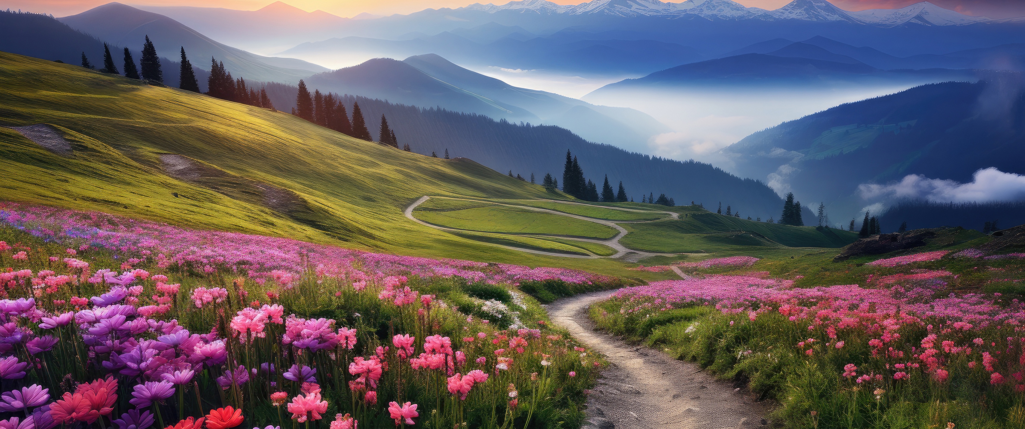 Mountain Landscape Wallpaper 4K, Meadow, Wildflowers, AI art