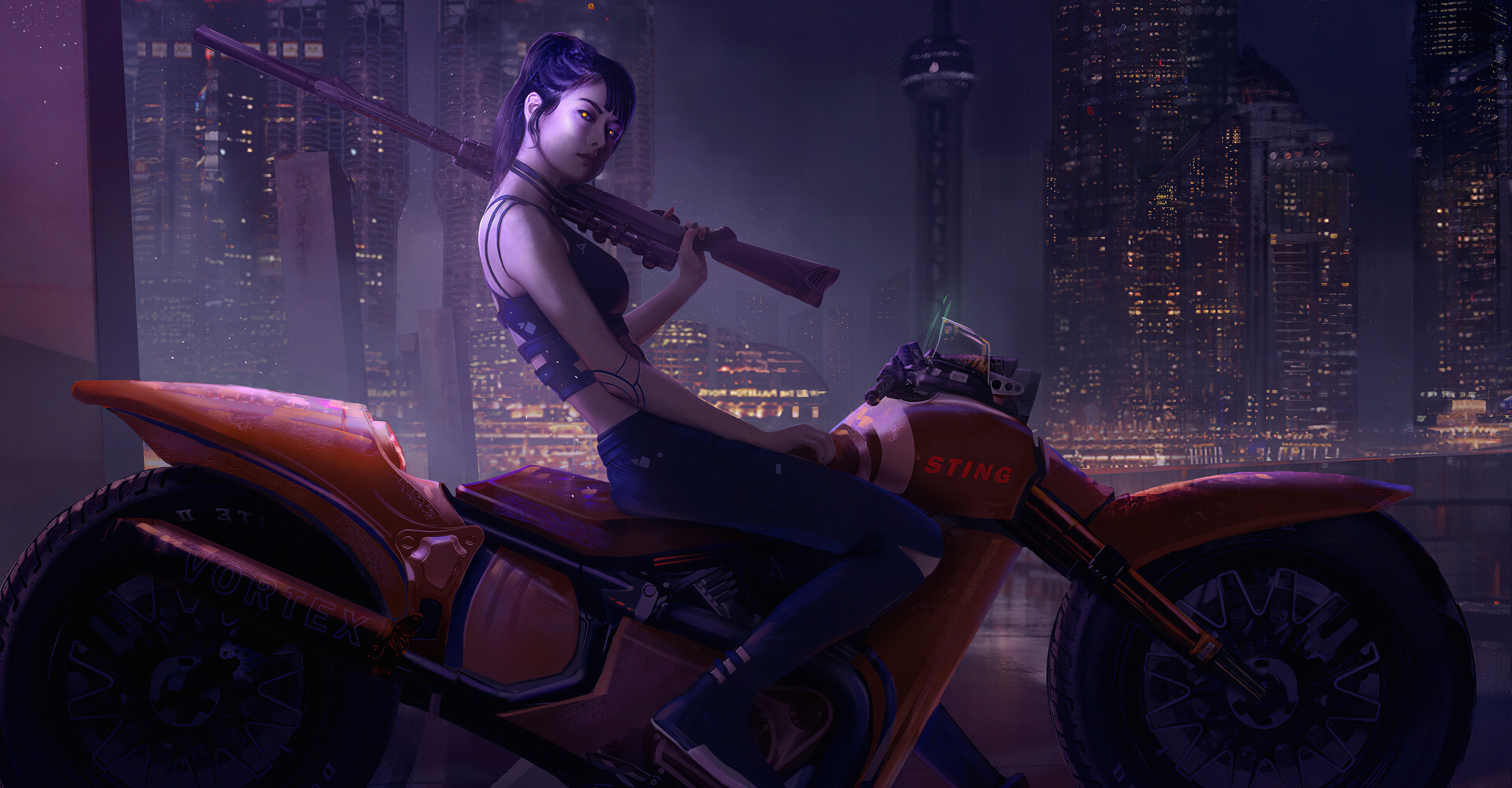Wallpaper girl, night, city, the city, style, transport, art, motorcycle for mobile and desktop, section фантастика, resolution 3840x2000