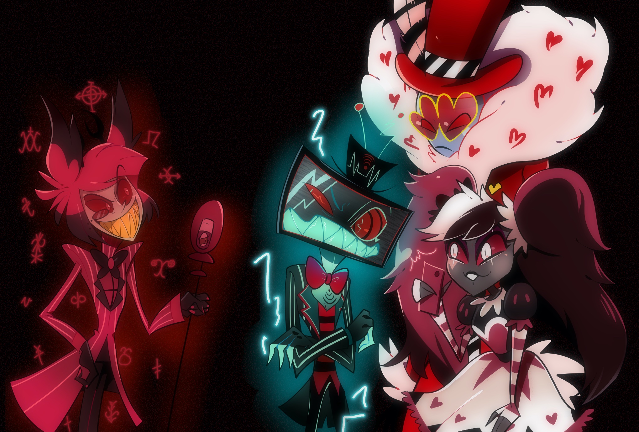Hazbin Hotel HD Wallpaper: Vox, Velvet, Valentino & Alastor Spotlight
