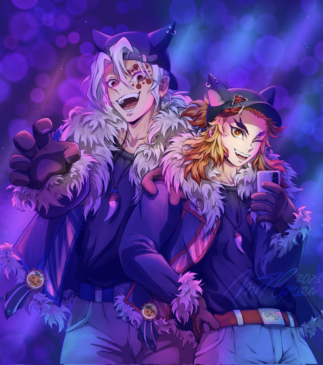 Halloween came late to my feed, but I couldn't resist drawing this—Rengoku and Uzui in wolf cosplay at a Halloween party!