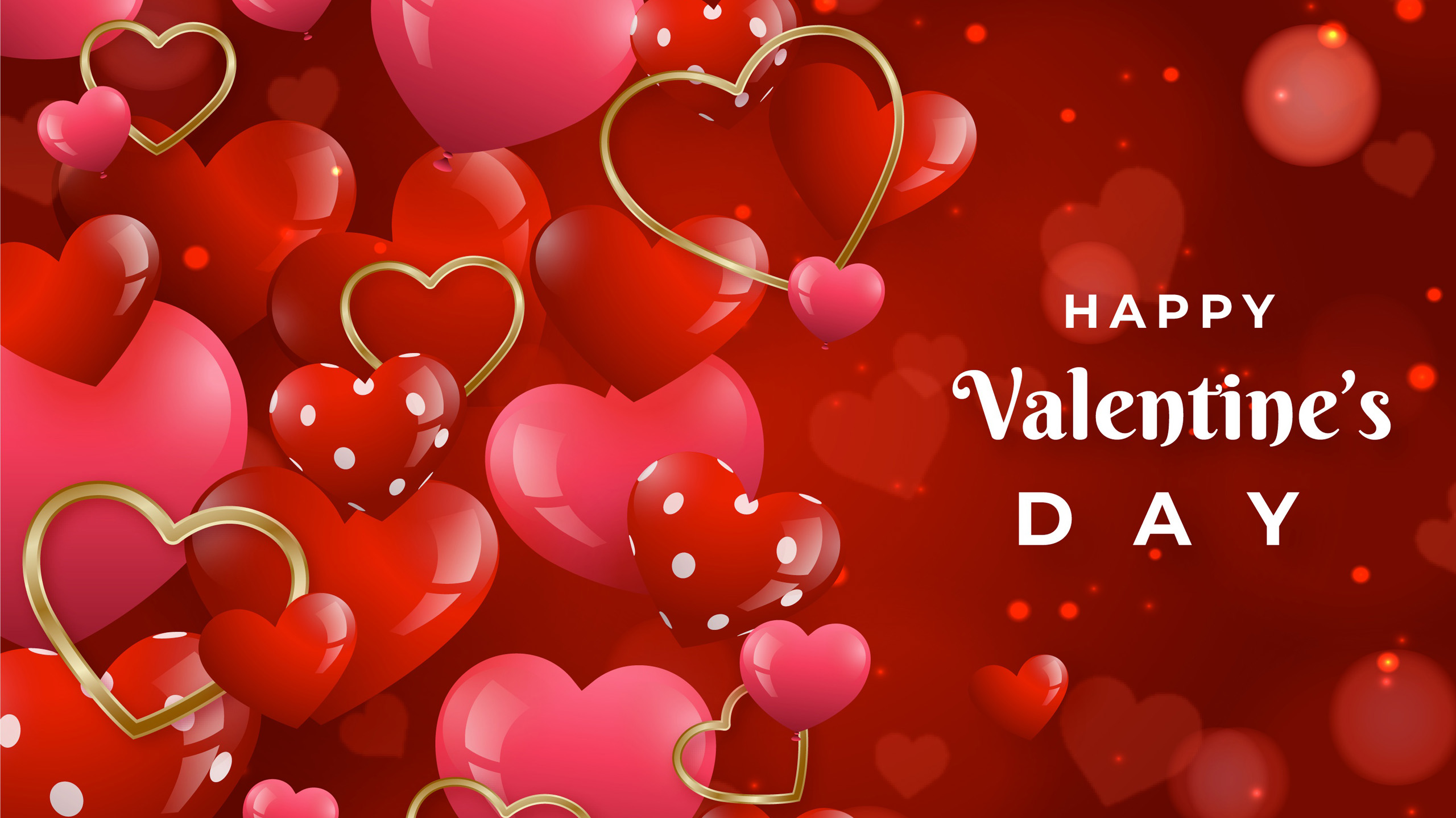Red Pink Golden Hearts Happy Valentine's Day Red Background HD Valentine's Day Wallpaper