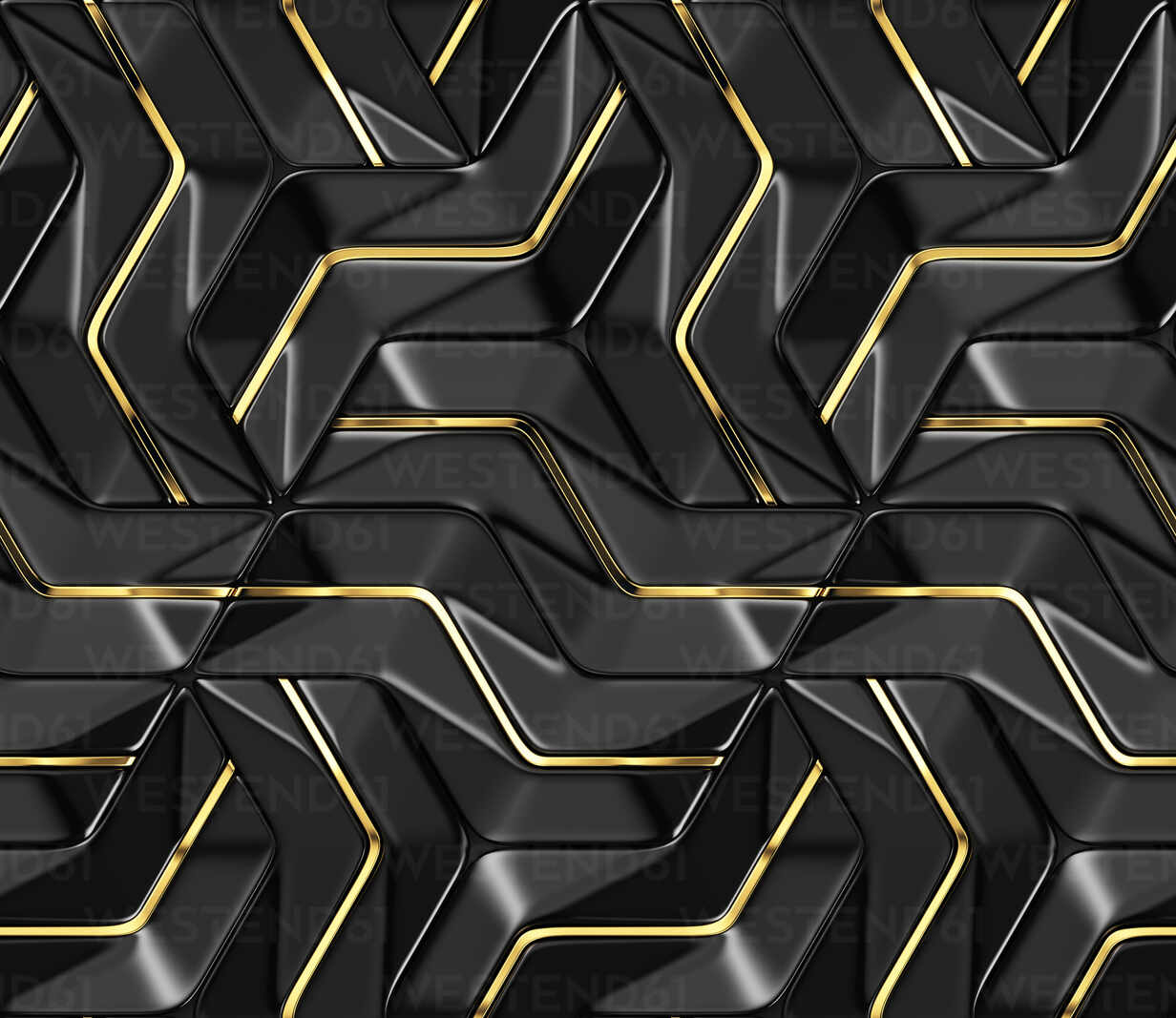 3D wall black panels with gold deco with shaded geometric modules with high quality seamless 3D illustration
