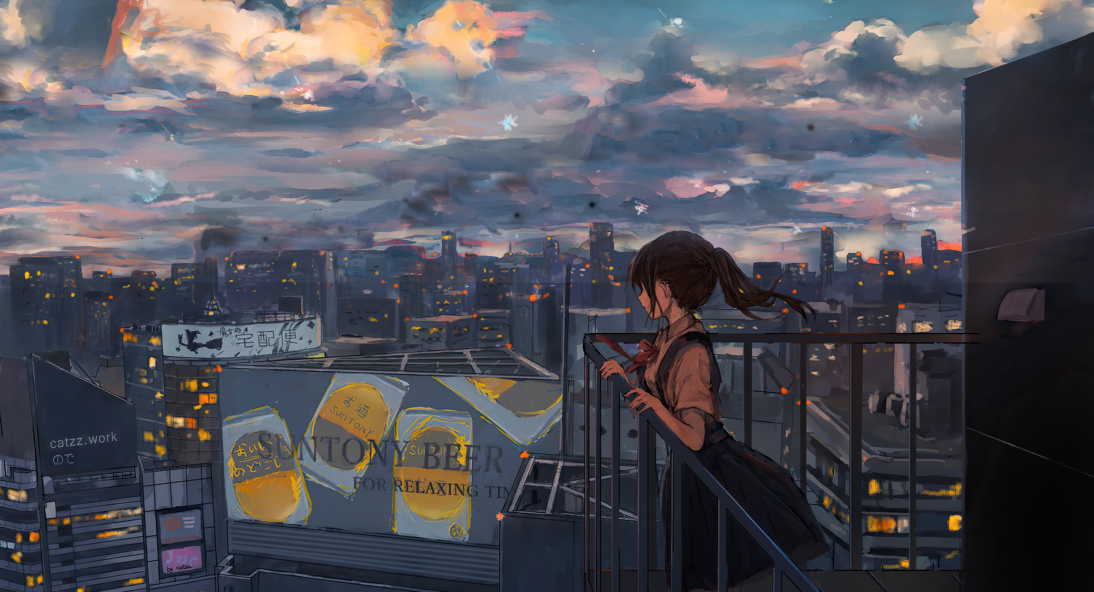 Anime girl looking at the city Wallpaper 4k for Desktop