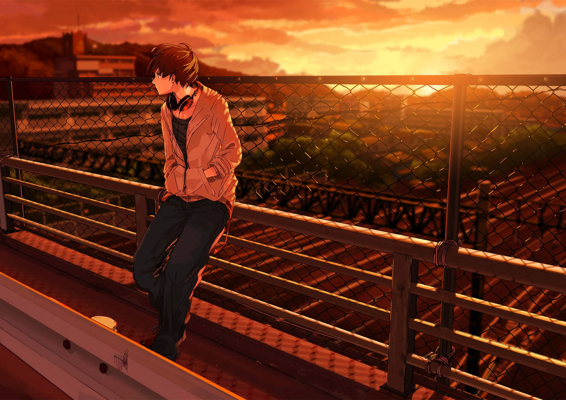 Download Alone Sad Anime Boys During Sunset Wallpaper