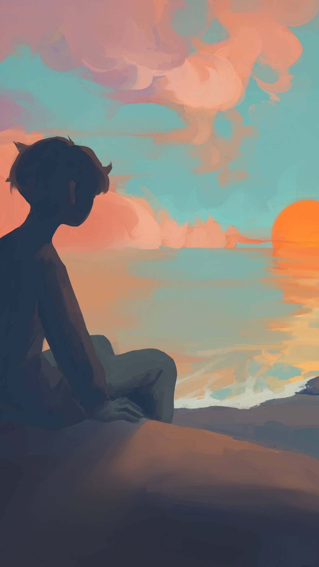 Download Watching The Sunset Alone Boy Anime Wallpaper