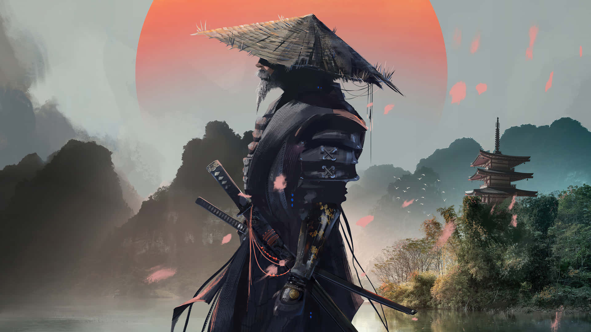 Download Captivating Samurai Duel Scene with Cherry Blossoms Wallpaper