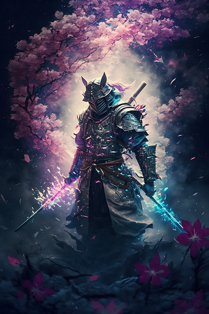 T Shirt Japanese Samurai In Cherry Blossom Trees