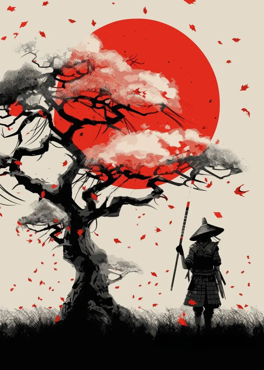 Japanese Samurai and Cherry Tree Poster