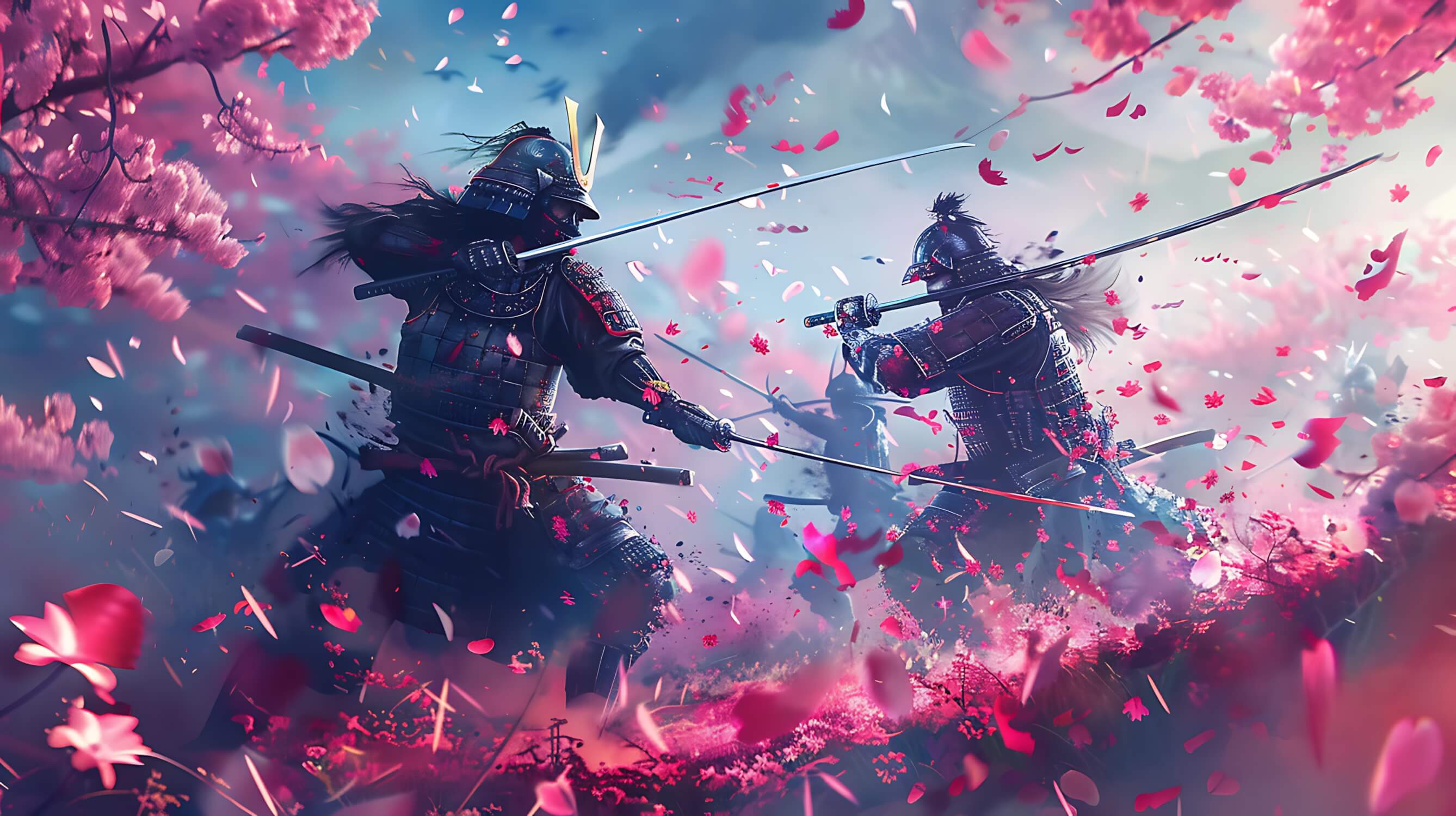 Japanese Samurai Mural Wallpaper. Cherry Blossom Battle Scene