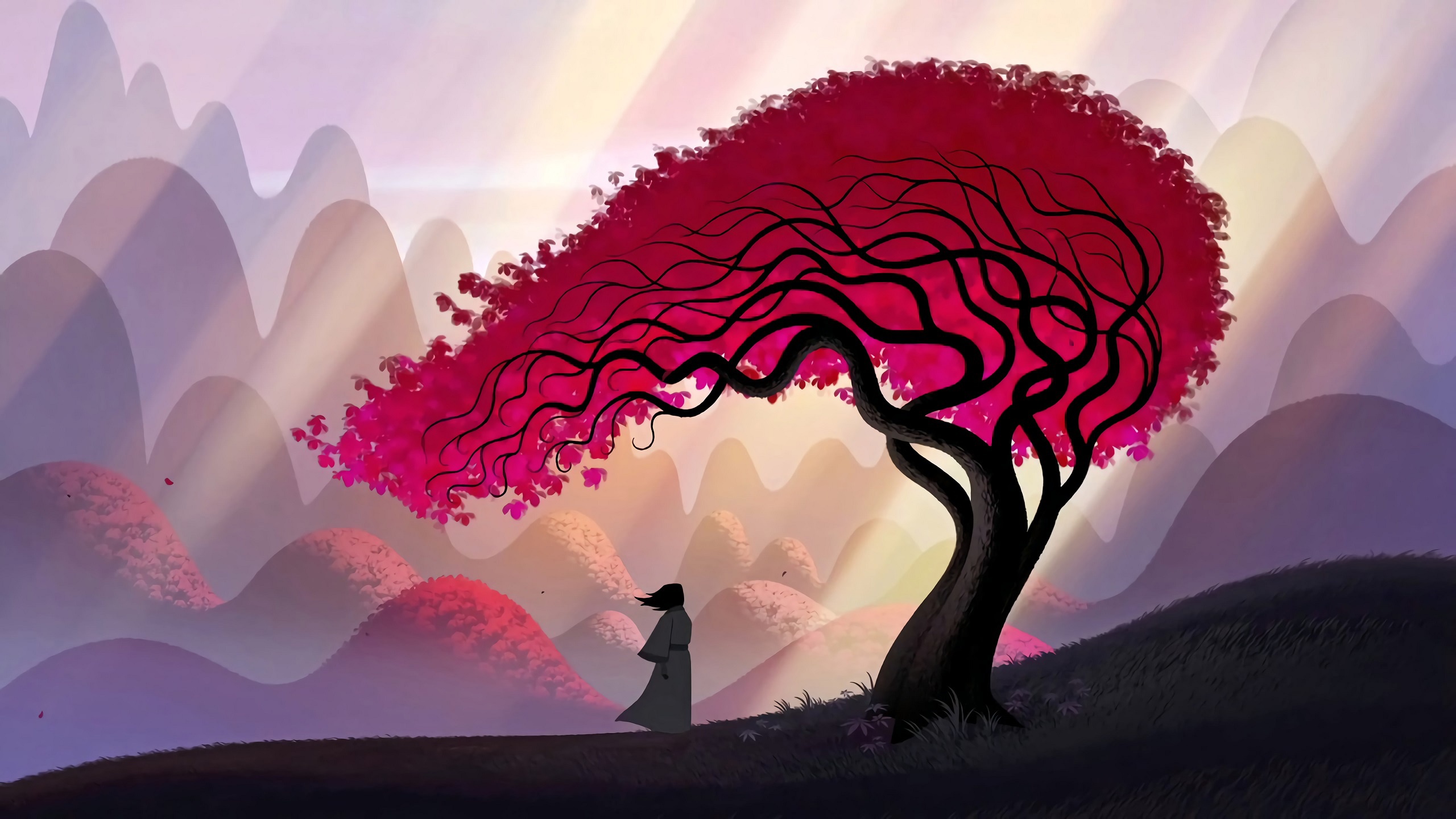 Wallpaper art, leaves, tree, hills, man, samurai, artwork, branches for mobile and desktop, section арт, resolution 2560x1440
