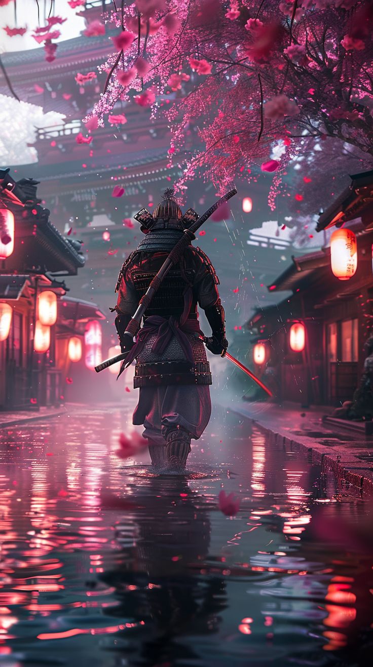 Samurai in Cherry Blossom Rain