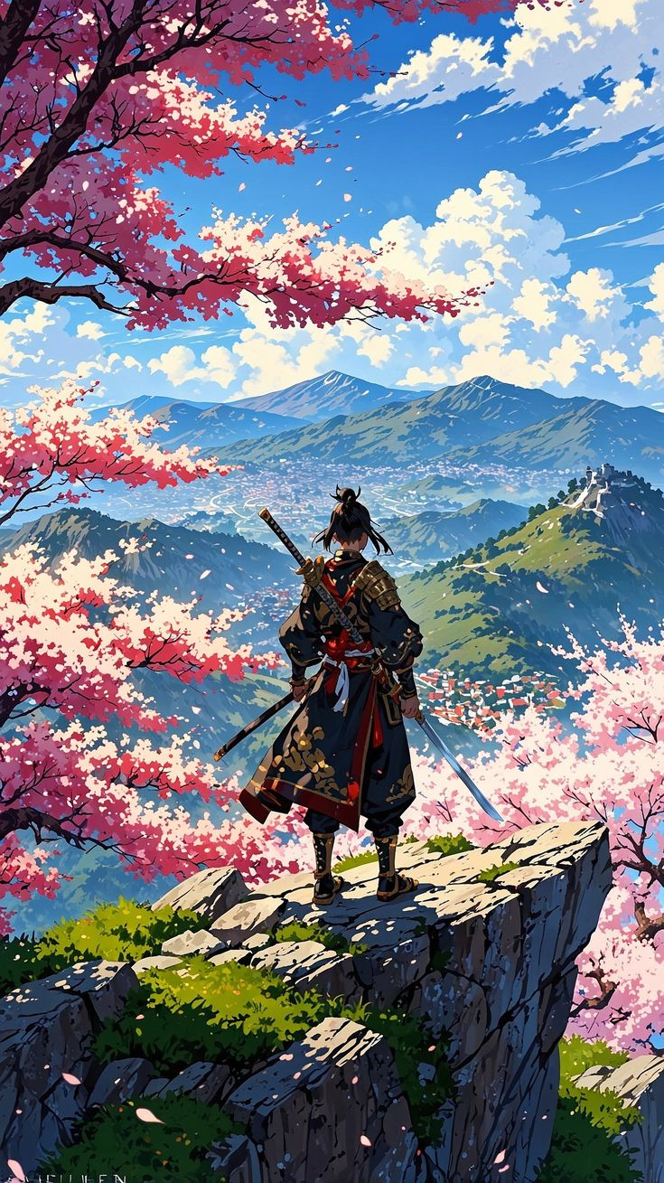 A Lone Samurai Standing On A Mountain Cliff At Sunrise, Cherry Blossom Petals Floating In The Wind, Snow Capped Peaks In The Background, Golden Sunlight Breaking Through Dramatic Clouds, Intricate Details