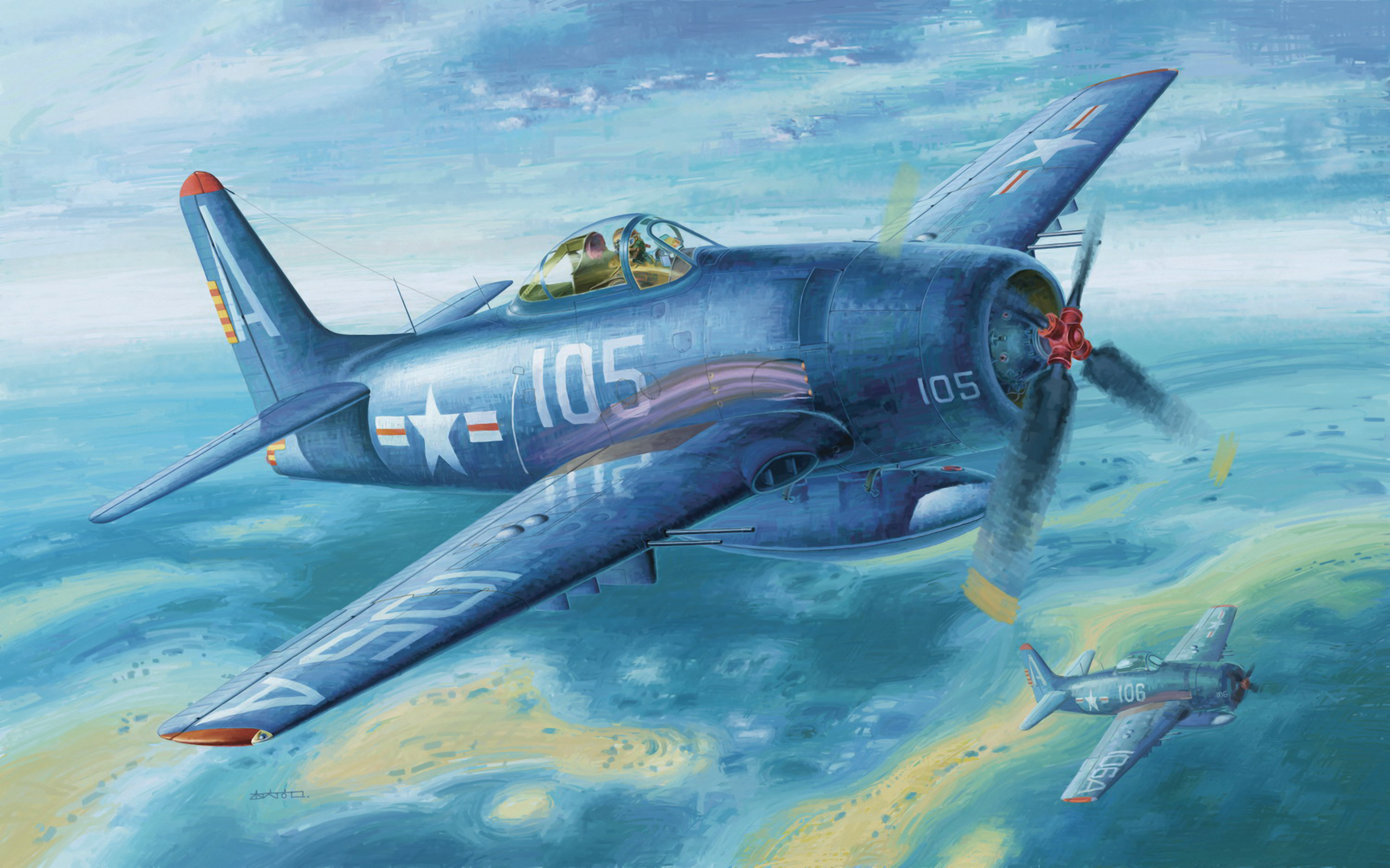 Wallpaper war, art, painting, aviation, WW2, Theory F8F Bearcat for mobile and desktop, section авиация, resolution 3000x1874