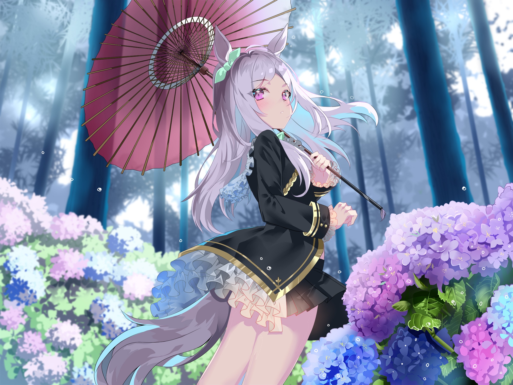 Wallpaper girl, trees, umbrella, hydrangea, Mejiro McQueen, by Sho, Uma Musume: Pretty Derby for mobile and desktop, section арт, resolution 2000x1500